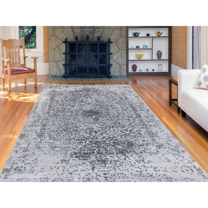 Transitional Wool & Pure Silk Hand Knotted Rug Grey No Border 6.1X9.2 -O062094