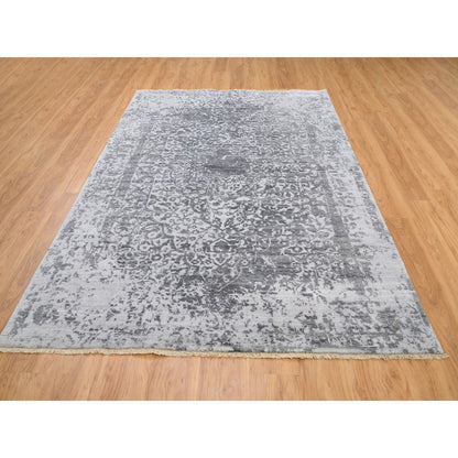 Transitional Wool & Pure Silk Hand Knotted Rug Grey No Border 6.1X9.2 -O062094