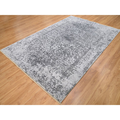 Transitional Wool & Pure Silk Hand Knotted Rug Grey No Border 6.1X9.2 -O062094