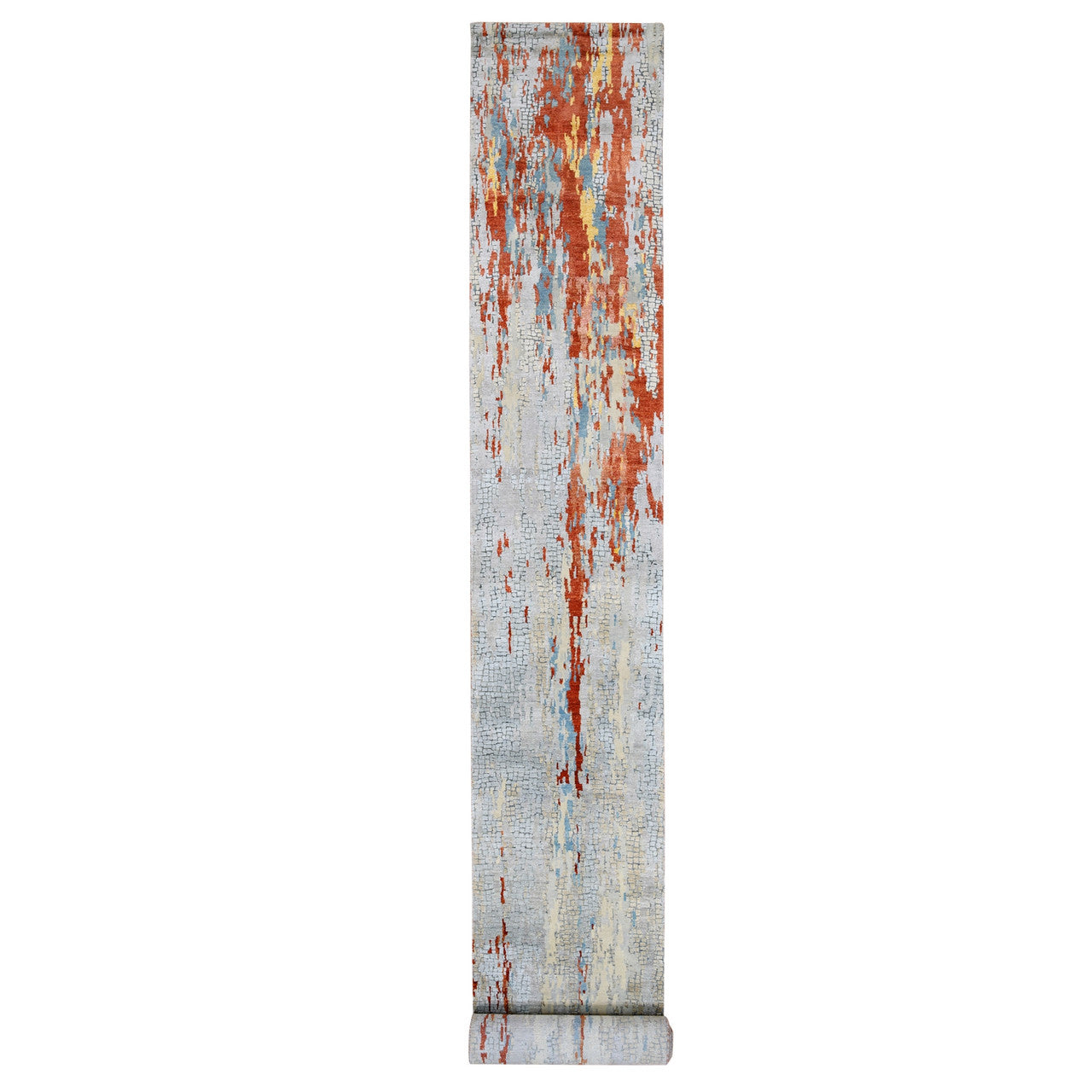Gray 2'7" x 20'0" Modern and Contemporary Hand knotted Wool/Silk Rug - Sku: O062172