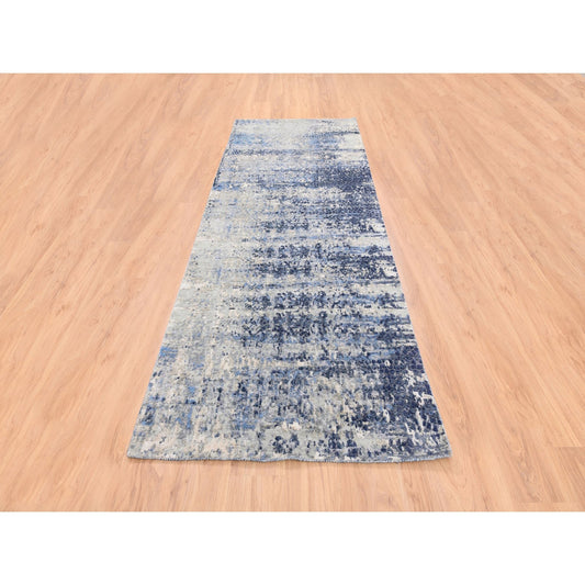 Modern and Contemporary Wool & Silk Hand Knotted Rug Blue No Border 3.10X10.3 -O062260