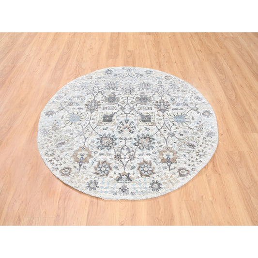 Transitional Wool & Silk Hand Knotted Rug Ivory No Border 5.0X5.1 -O062286