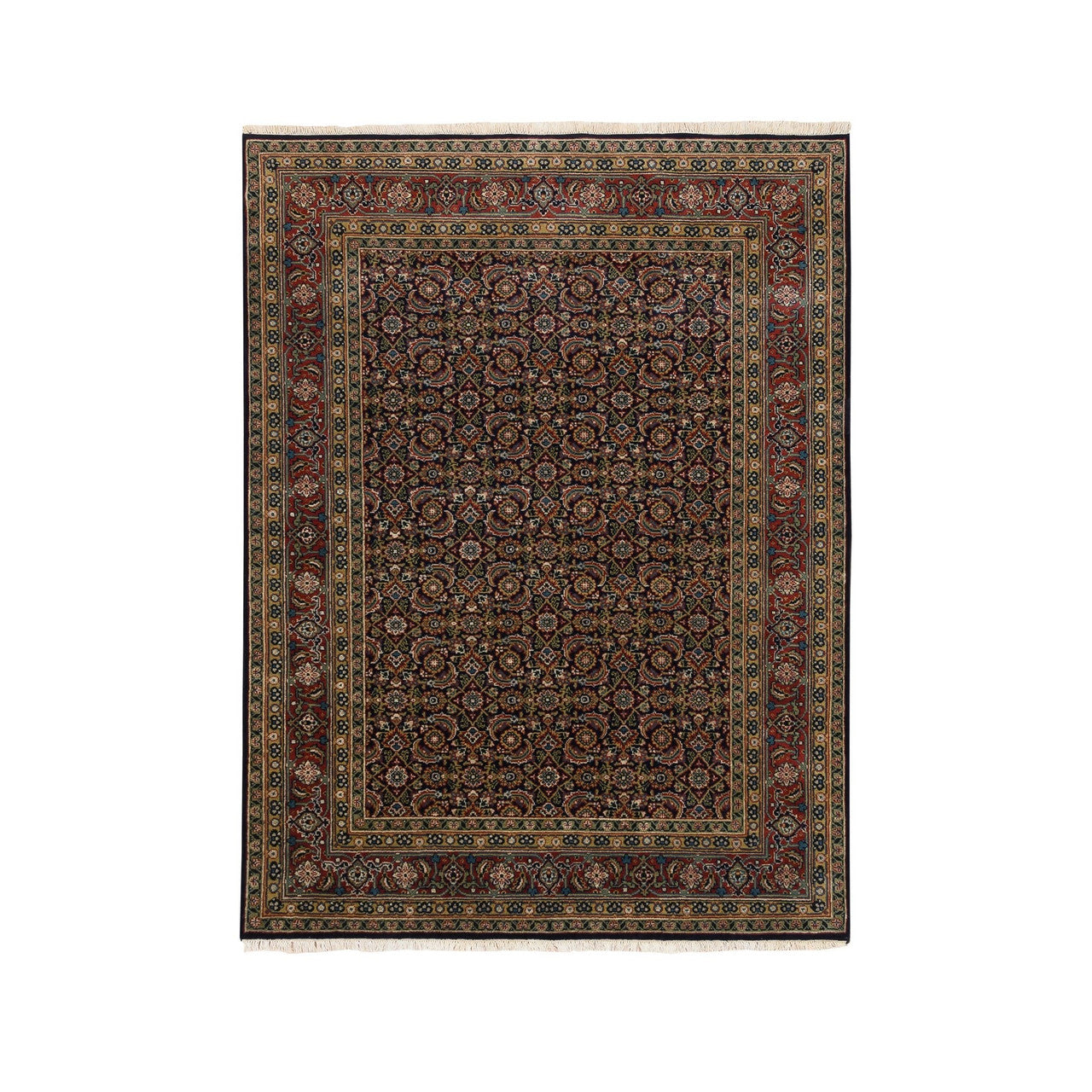 Fine Oriental Wool & Silk Hand Knotted Rug Black Red 5.1X7.1 -O062343