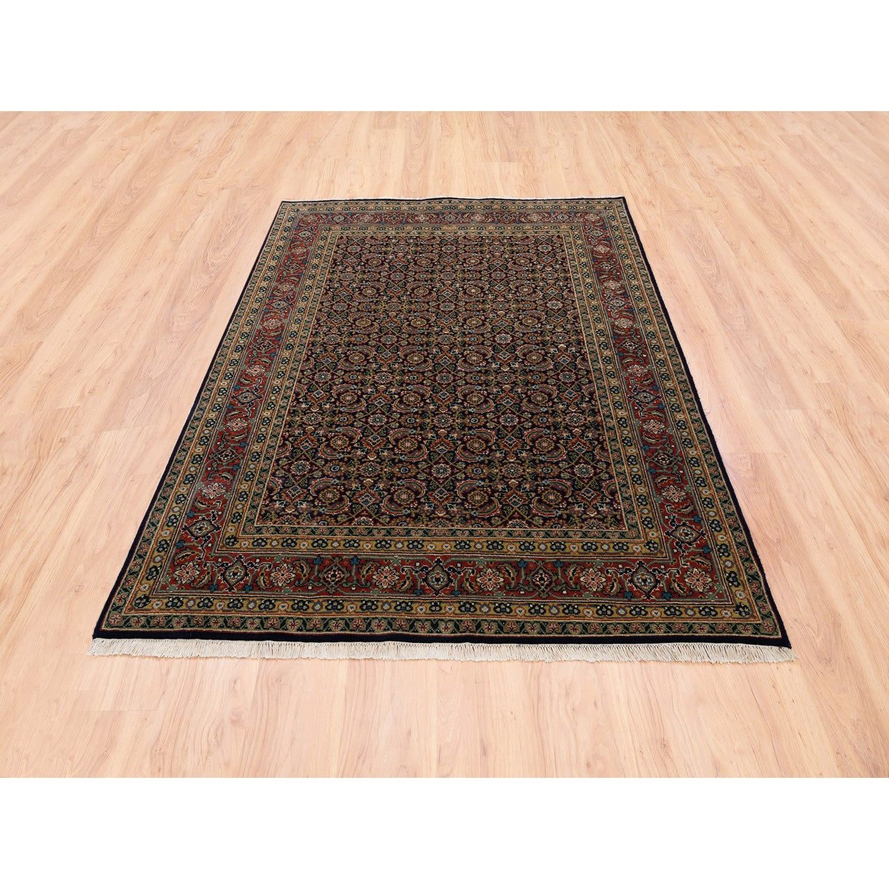 Fine Oriental Wool & Silk Hand Knotted Rug Black Red 5.1X7.1 -O062343