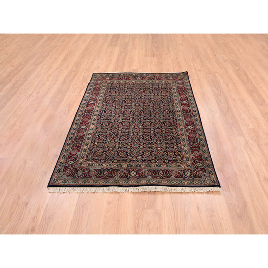 Fine Oriental Wool & Silk Hand Knotted Rug Black Red 4.0X6.3 -O062344