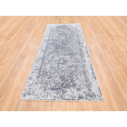 Transitional Wool & Pure Silk Hand Knotted Rug Grey No Border 4.1X10.0 -O062355