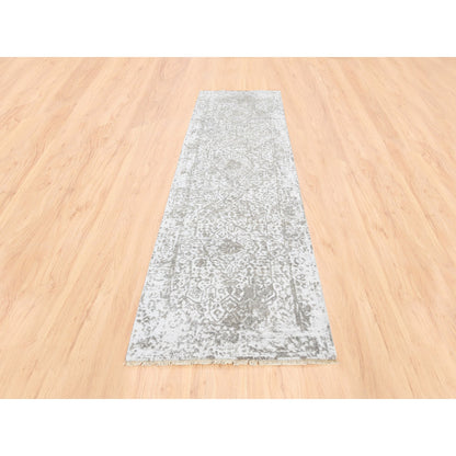 Transitional Wool & Pure Silk Hand Knotted Rug Ivory No Border 2.7X10.0 -O062364