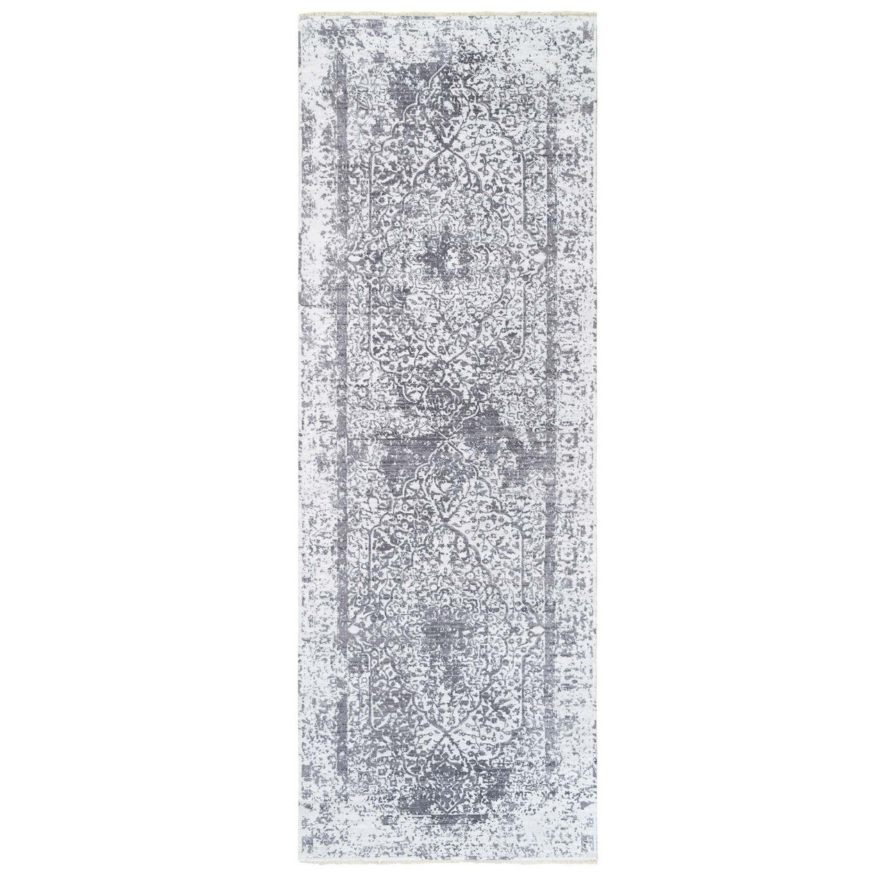 Gray 4'1" x 12'1" Transitional & Pure Hand knotted Wool/Silk Rug - Sku: O062367