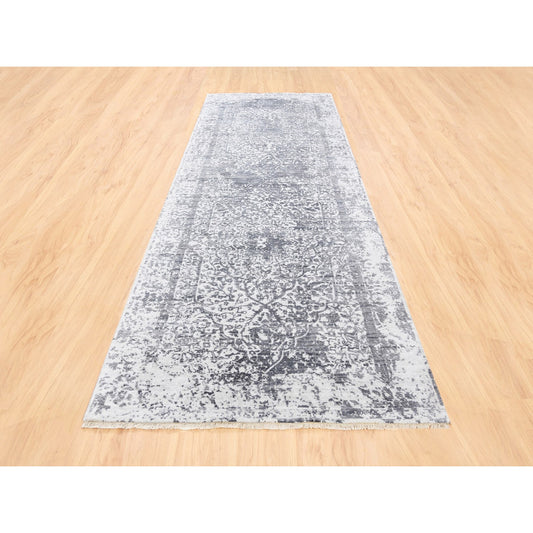 Transitional Wool & Pure Silk Hand Knotted Rug Grey No Border 4.1X12.1 -O062367