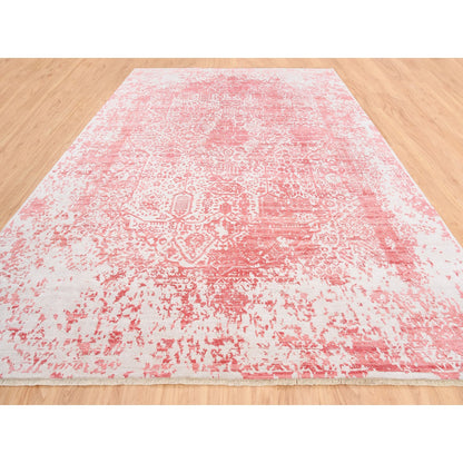 Transitional Wool & Pure Silk Hand Knotted Rug Ivory No Border 10.0X14.0 -O062370