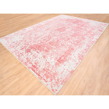 Transitional Wool & Pure Silk Hand Knotted Rug Ivory No Border 10.0X14.0 -O062370