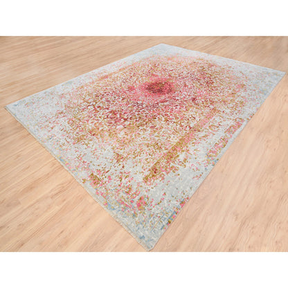 Modern and Contemporary Wool & Pure Silk Hand Knotted Rug Pink No Border 9.1X12.0 -O062373
