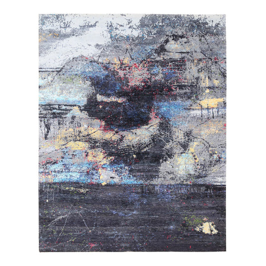 Modern and Contemporary Wool & Silk Hand Knotted Rug Black No Border 8.0X10.0 -O062407