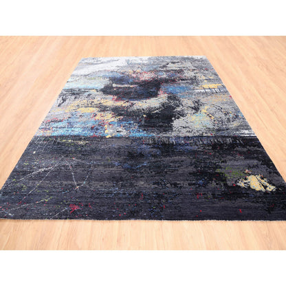 Modern and Contemporary Wool & Silk Hand Knotted Rug Black No Border 8.0X10.0 -O062407