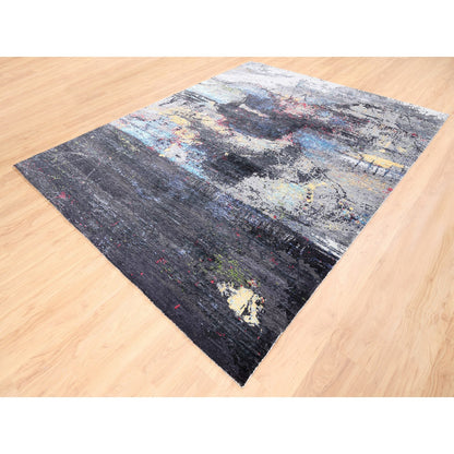 Modern and Contemporary Wool & Silk Hand Knotted Rug Black No Border 8.0X10.0 -O062407