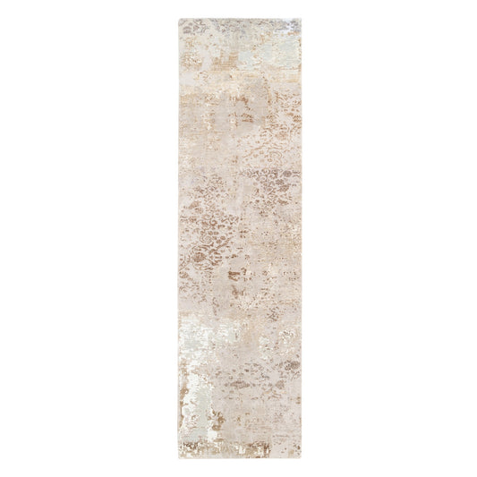 Modern and Contemporary Wool & Silk Hand Knotted Rug Beige No Border 2.9X10.0 -O062437