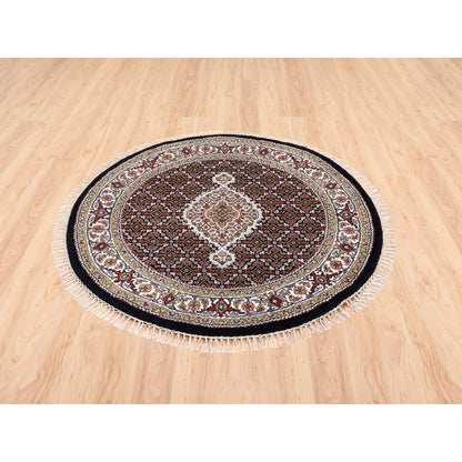 Fine Oriental Wool Hand Knotted Rug Black Ivory 4.2X4.2 -O062446