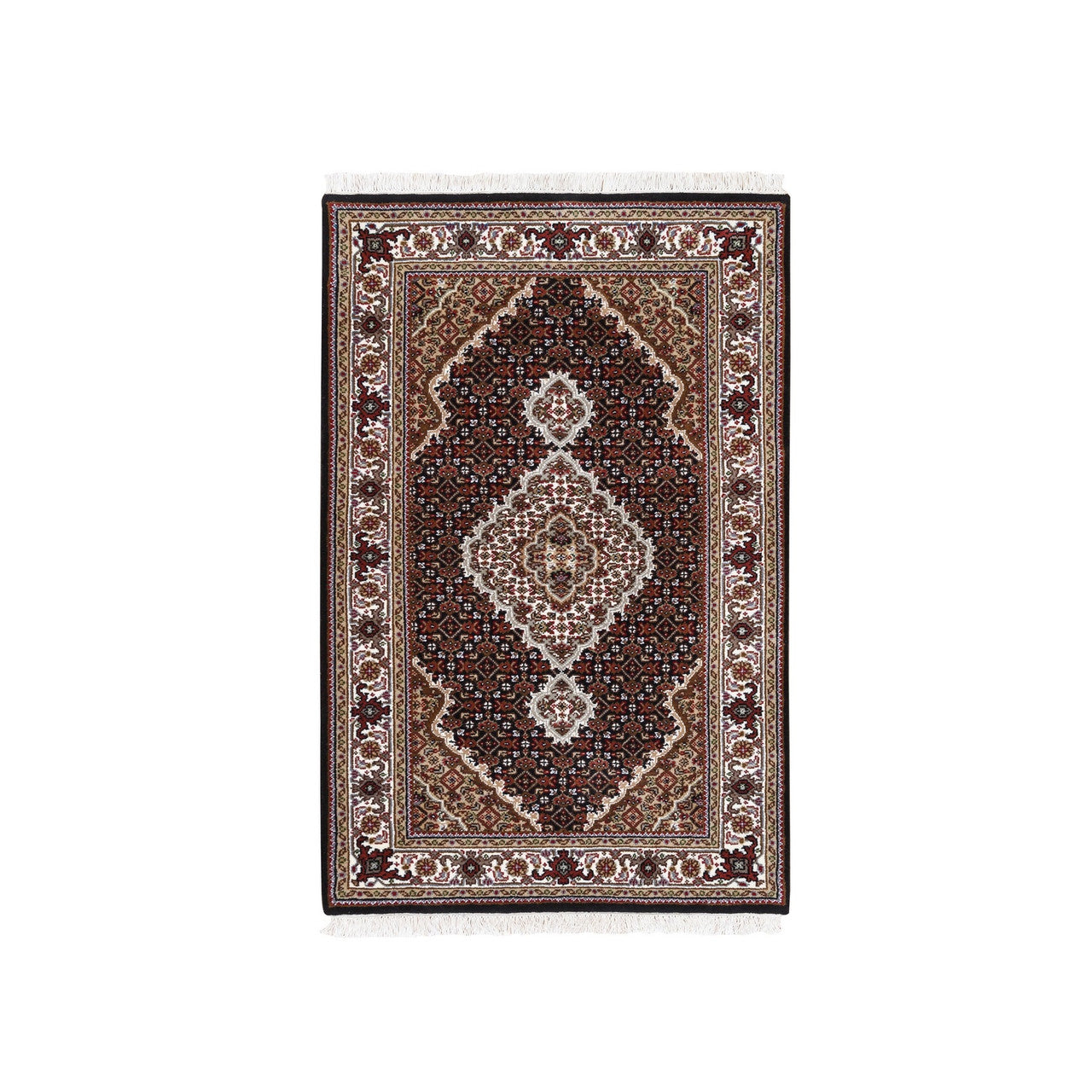 Fine Oriental Wool Hand Knotted Rug Black Ivory 3.2X5.4 -O062491