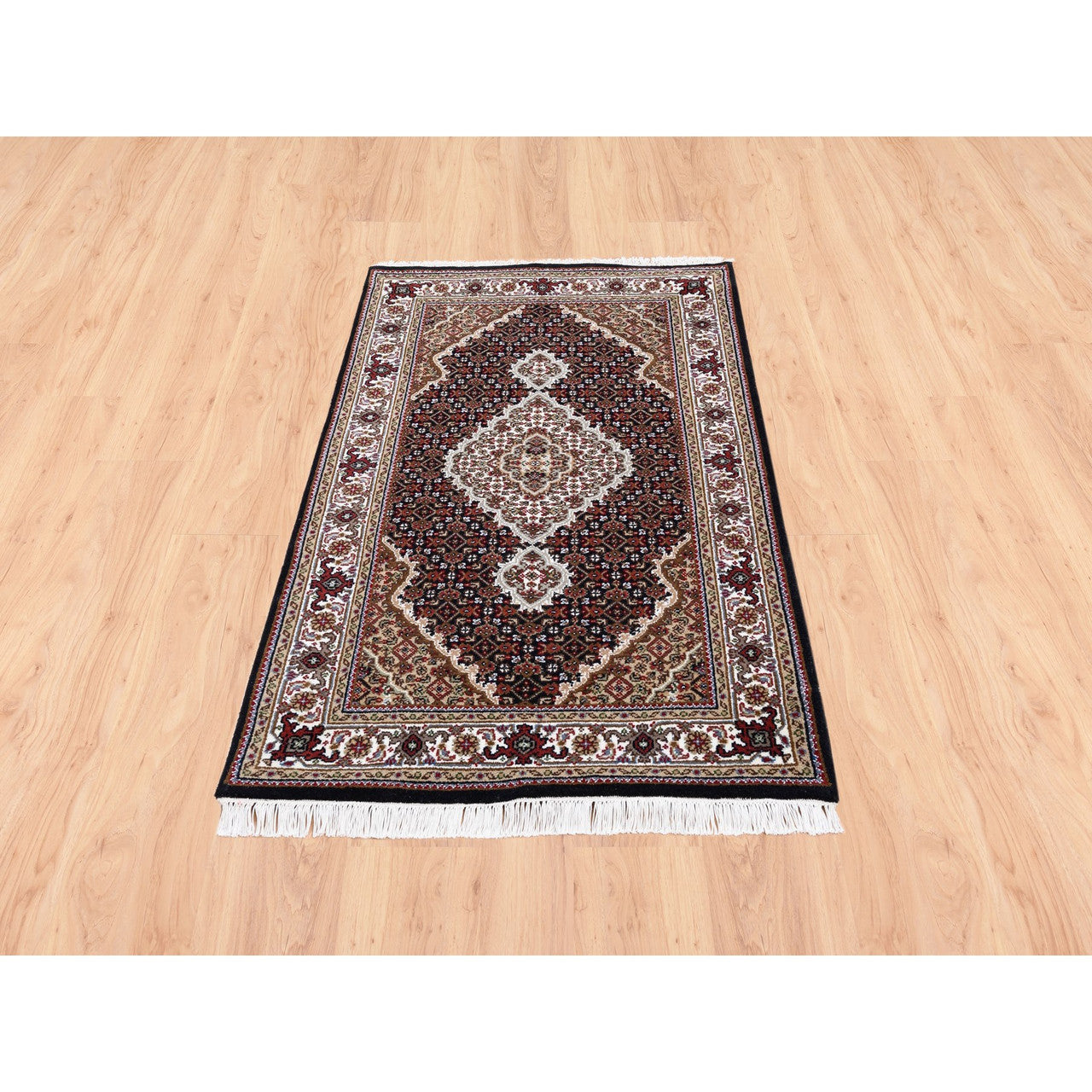 Fine Oriental Wool Hand Knotted Rug Black Ivory 3.2X5.4 -O062491
