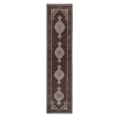 Fine Oriental Wool & Silk Hand Knotted Rug Black Black 2.7X11.10 -O062507