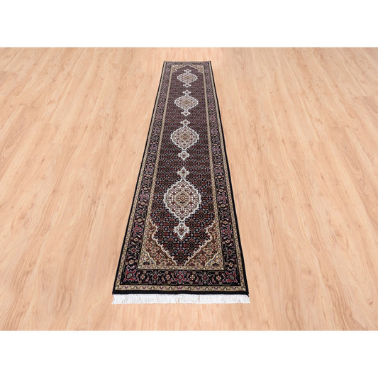 Fine Oriental Wool & Silk Hand Knotted Rug Black Black 2.7X11.10 -O062507