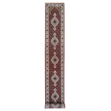 Fine Oriental Wool & Silk Hand Knotted Rug Red Ivory 2.6X16.3 -O062509