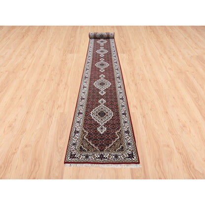 Fine Oriental Wool & Silk Hand Knotted Rug Red Ivory 2.6X16.3 -O062509