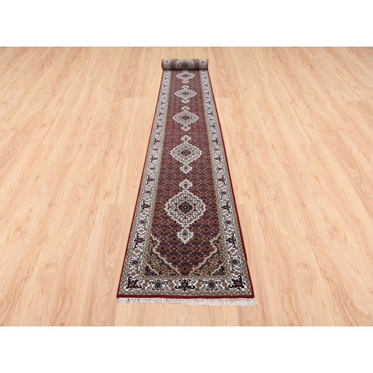 Fine Oriental Wool & Silk Hand Knotted Rug Red Ivory 2.6X16.3 -O062509