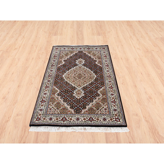 Fine Oriental Wool Hand Knotted Rug Black Ivory 3.2X5.6 -O062533