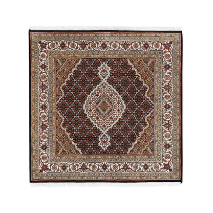 Fine Oriental Wool Hand Knotted Rug Black Ivory 5.0X5.0 -O062543