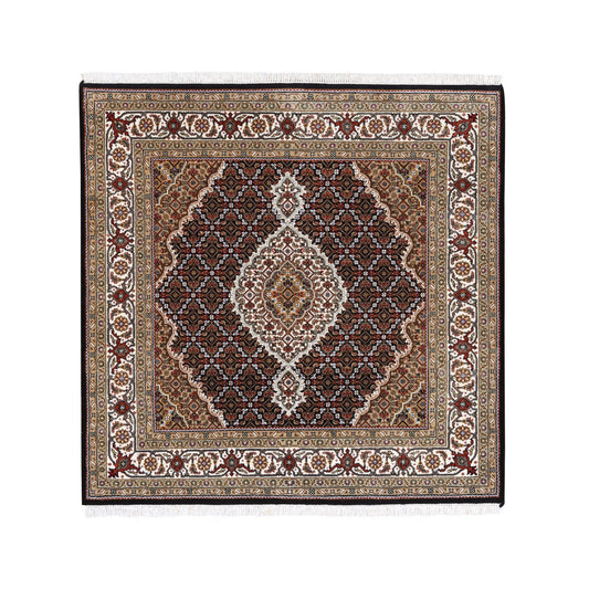 Fine Oriental Wool Hand Knotted Rug Black Ivory 5.0X5.0 -O062543