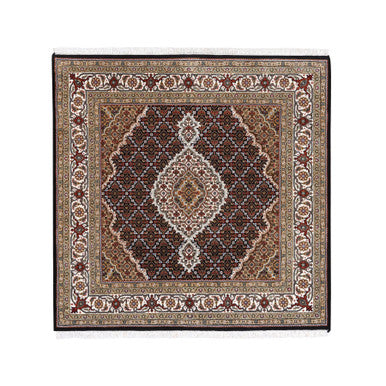 Fine Oriental Wool Hand Knotted Rug Black Ivory 5.0X5.0 -O062543