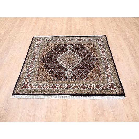 Fine Oriental Wool Hand Knotted Rug Black Ivory 5.0X5.0 -O062543