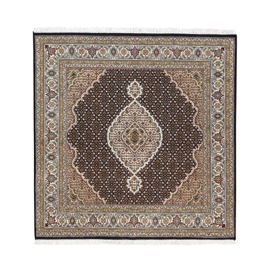 Fine Oriental Wool Hand Knotted Rug Black Ivory 6.0X6.1 -O062550