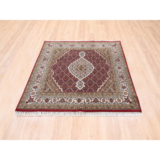 Fine Oriental Wool Hand Knotted Rug Red Ivory 5.0X5.0 -O062553