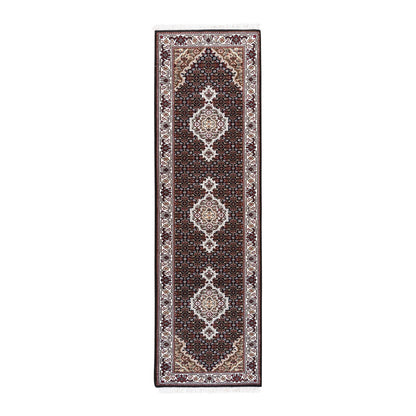 Fine Oriental Wool & Silk Hand Knotted Rug Black Ivory 2.1X8.0 -O062558