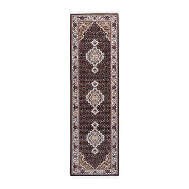 Fine Oriental Wool & Silk Hand Knotted Rug Black Ivory 2.1X8.0 -O062558