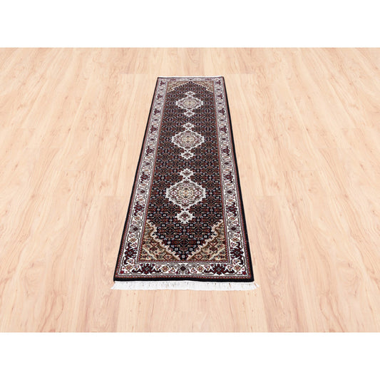 Fine Oriental Wool & Silk Hand Knotted Rug Black Ivory 2.1X8.0 -O062558