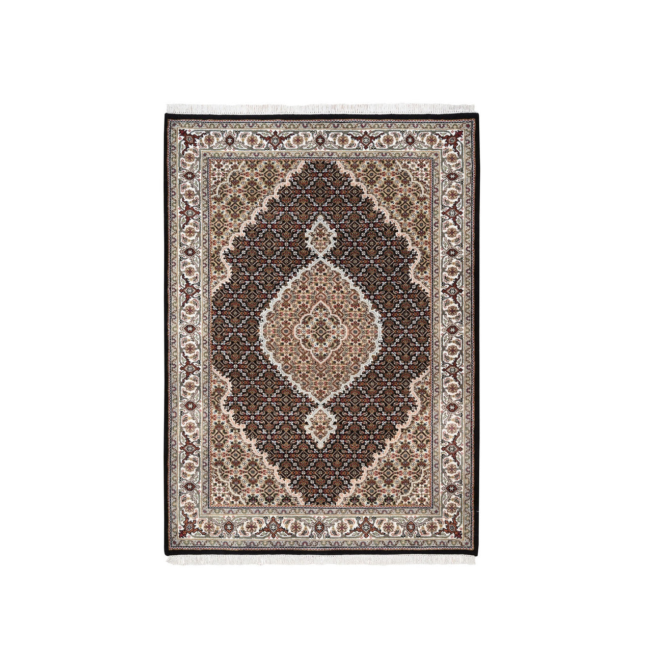Fine Oriental Wool & Silk Hand Knotted Rug Black Ivory 4.2X6.1 -O062569