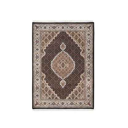 Fine Oriental Wool & Silk Hand Knotted Rug Black Ivory 4.2X6.1 -O062569