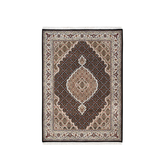 Fine Oriental Wool & Silk Hand Knotted Rug Black Ivory 4.2X6.1 -O062569