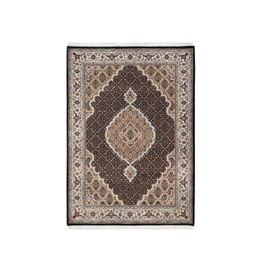 Fine Oriental Wool & Silk Hand Knotted Rug Black Ivory 4.2X6.1 -O062569