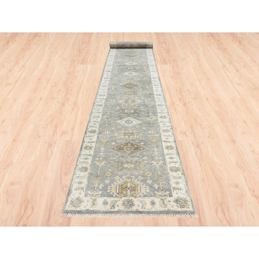 Heriz Wool Hand Knotted Rug Grey Ivory 2.8X17.10 -O062646