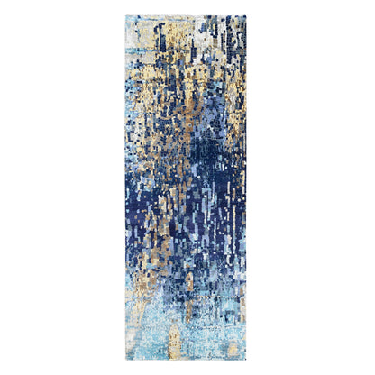 Modern and Contemporary Wool & Silk Hand Knotted Rug Blue No Border 3.10X11.8 -O062650