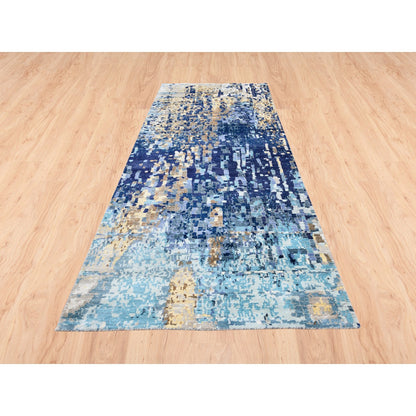 Modern and Contemporary Wool & Silk Hand Knotted Rug Blue No Border 3.10X11.8 -O062650