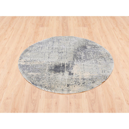 Modern and Contemporary Wool & Silk Hand Knotted Rug Grey Ivory, Charcoal Gray, Beige, Dark Brown, Light Gre 4.10X4.10 -O062683