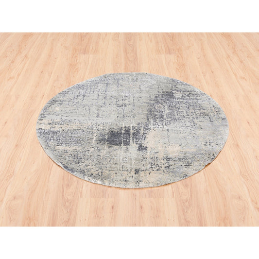 Modern and Contemporary Wool & Silk Hand Knotted Rug Grey Ivory, Charcoal Gray, Beige, Dark Brown, Light Gre 4.10X4.10 -O062683