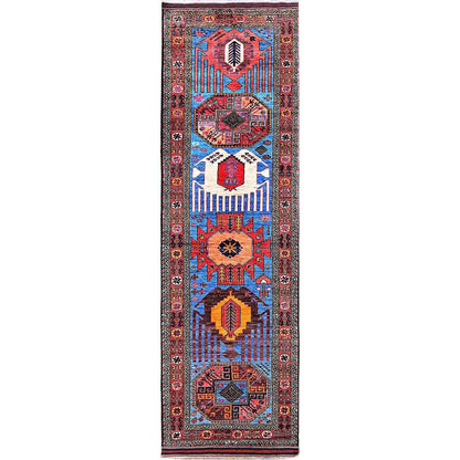 Kazak Wool Hand Knotted Rug Blue 3.1x9.7 -O0626