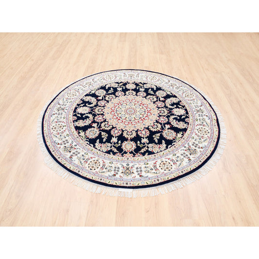 Fine Oriental Wool Hand Knotted Rug Blue Ivory 6.0X6.0 -O062771