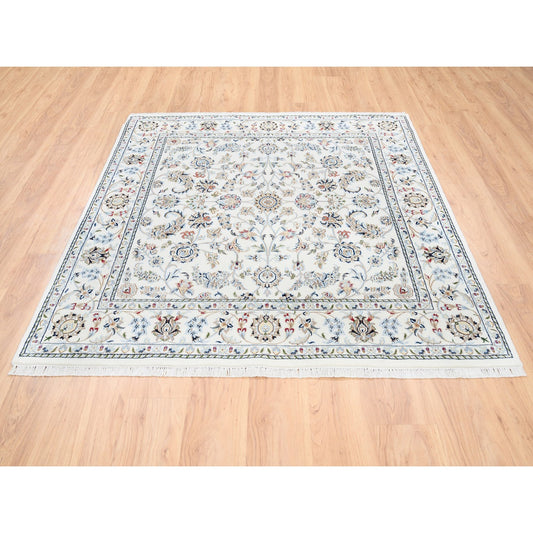 Fine Oriental Wool Hand Knotted Rug Ivory Marshmallow 5.9X5.9 -O062789